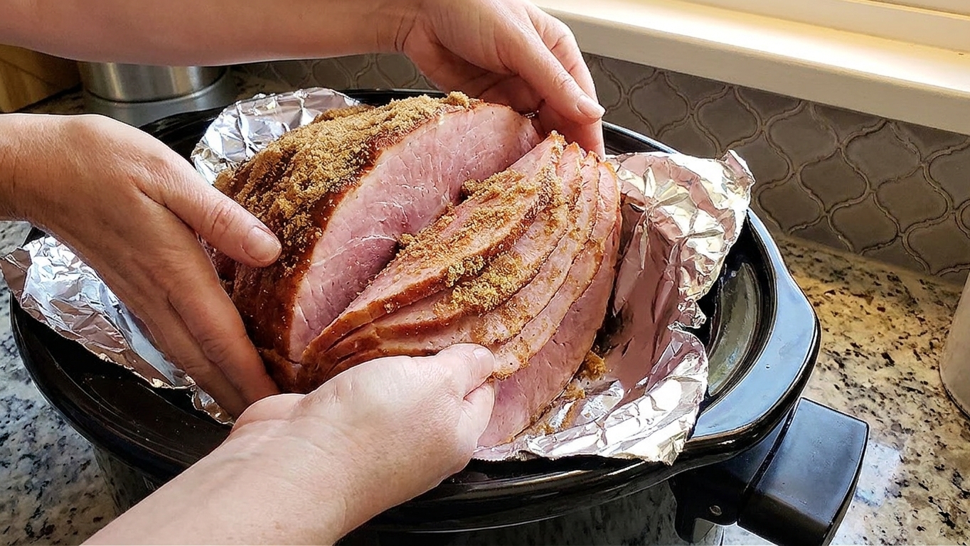 A spiral sliced ham being lowered into a slow cooker lined with foil on a kitchen counter
