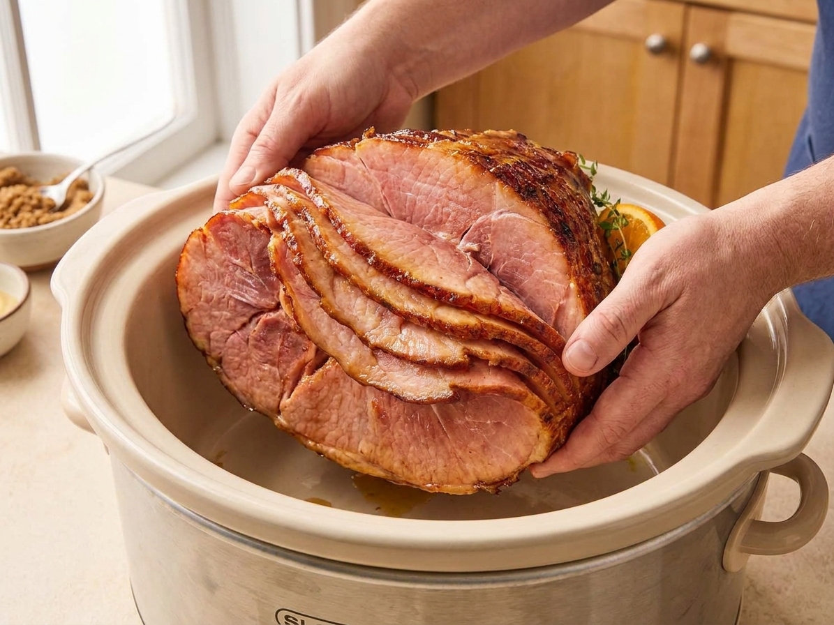 A spiral sliced ham being placed into a large slow cooker insert on a kitchen counter