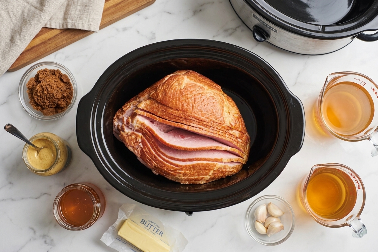 A spiral sliced ham, brown sugar, Dijon mustard, honey, butter, garlic, and apple juice arranged on a kitchen counter ready to cook