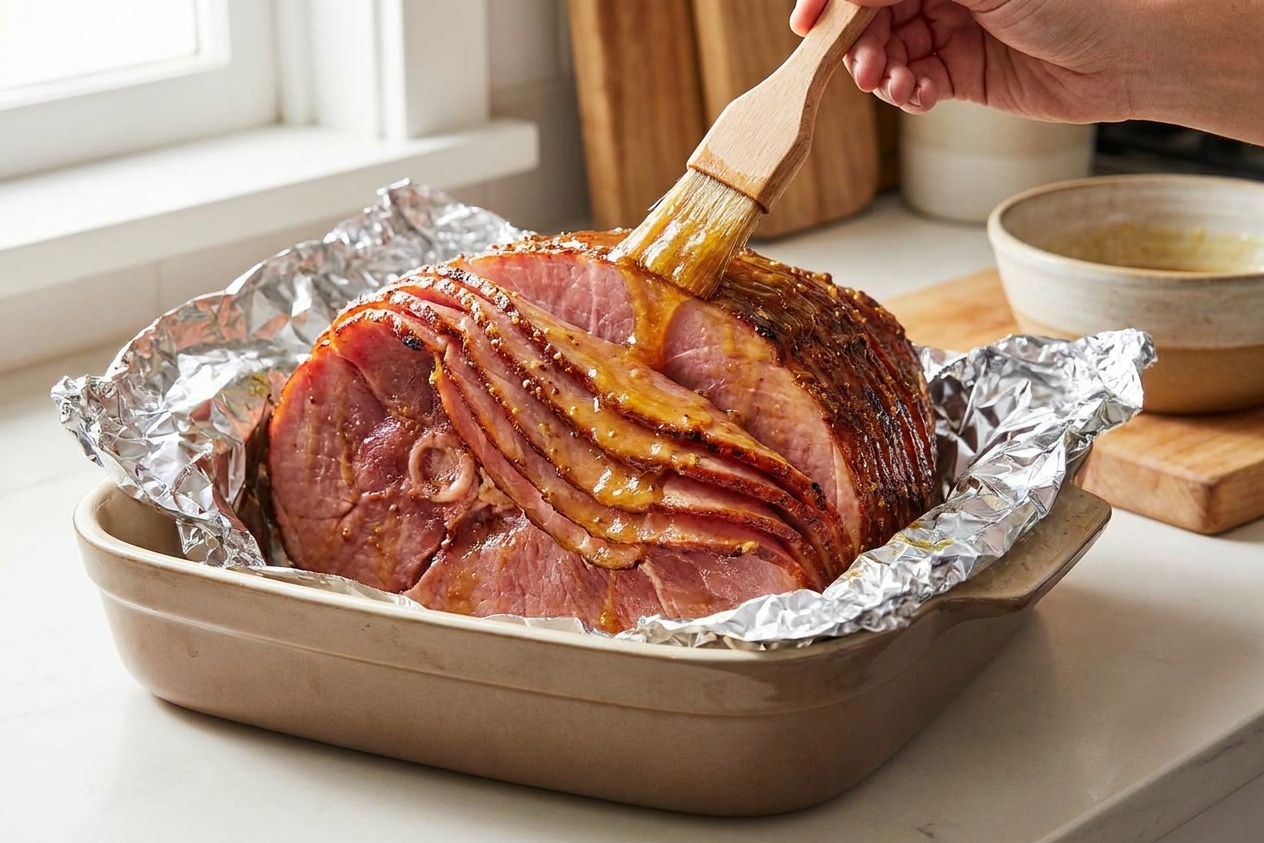 A spiral-sliced ham in a roasting pan being brushed with honey glaze, with foil folded back on a kitchen counter