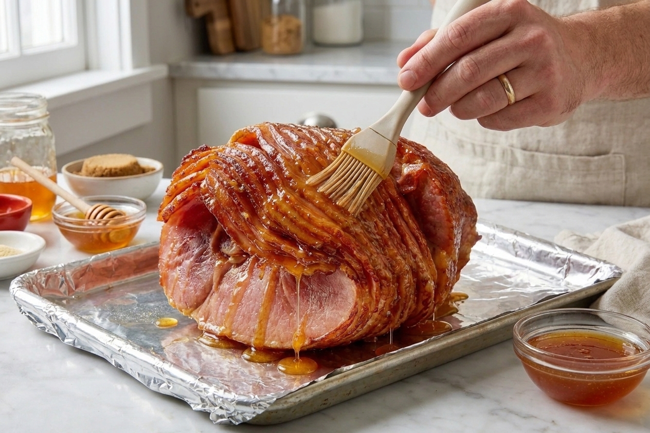 A spiral sliced ham on a sheet pan with a shiny honey sugar glaze and caramelized, crackly edges in a bright home kitchen