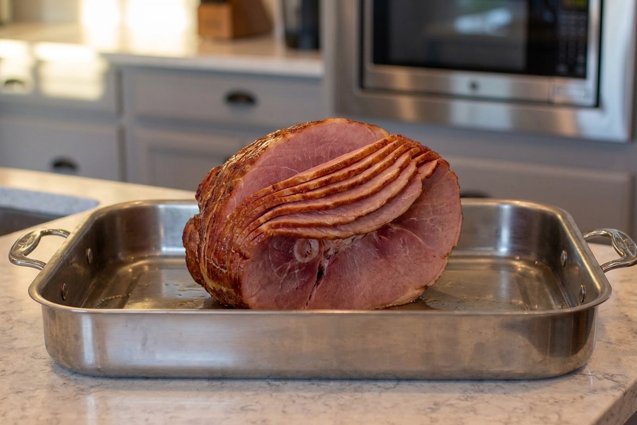 A spiral sliced ham resting cut-side down in a roasting pan with a small amount of water in the bottom