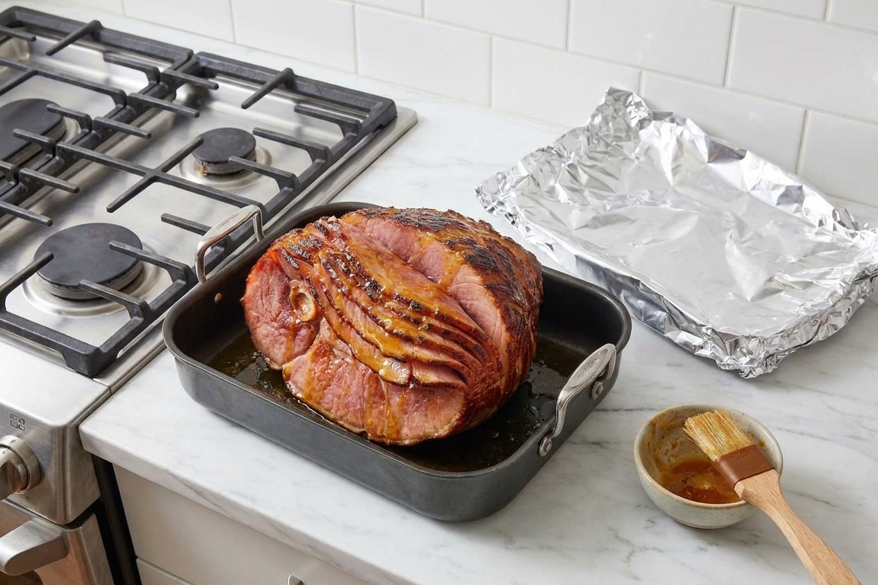 A spiral sliced ham sitting cut side down in a roasting pan with foil nearby on a kitchen counter