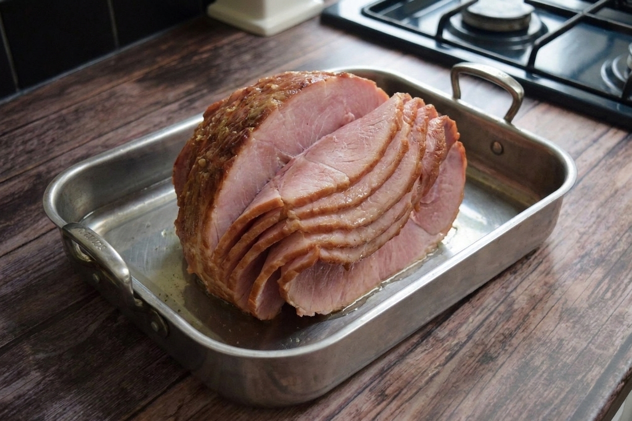 A spiral-sliced ham sitting cut-side down in a roasting pan with a small amount of water in the bottom, ready to go into the oven on a kitchen counter