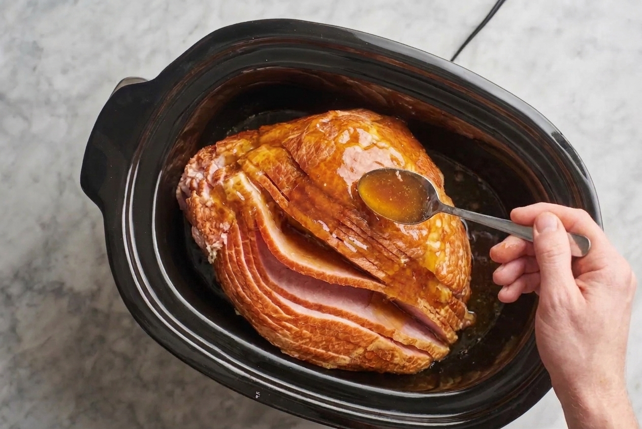 A spiral sliced ham sitting inside a slow cooker as glaze is spooned over the top