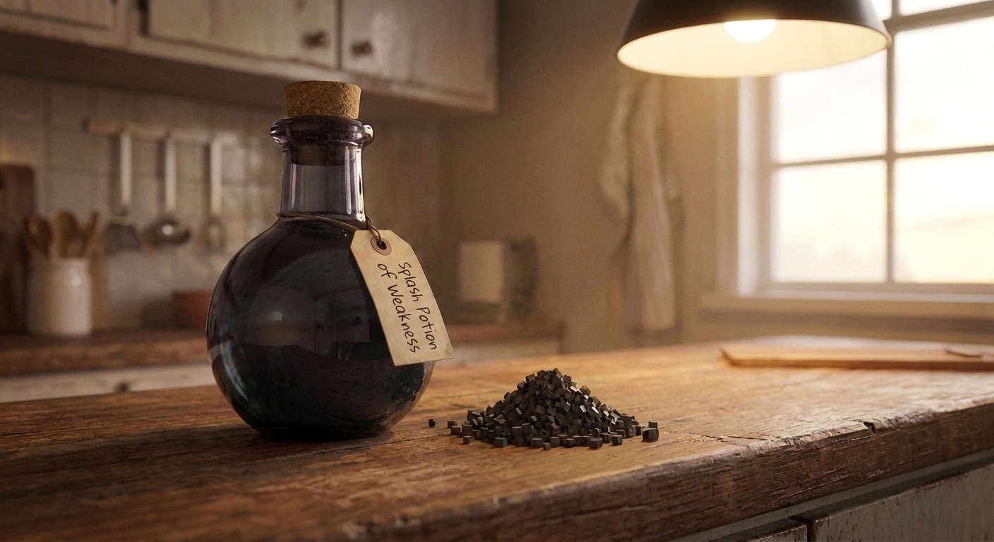 A splash Potion of Weakness bottle sitting next to a piece of gunpowder on a wooden tabletop, warm indoor lighting