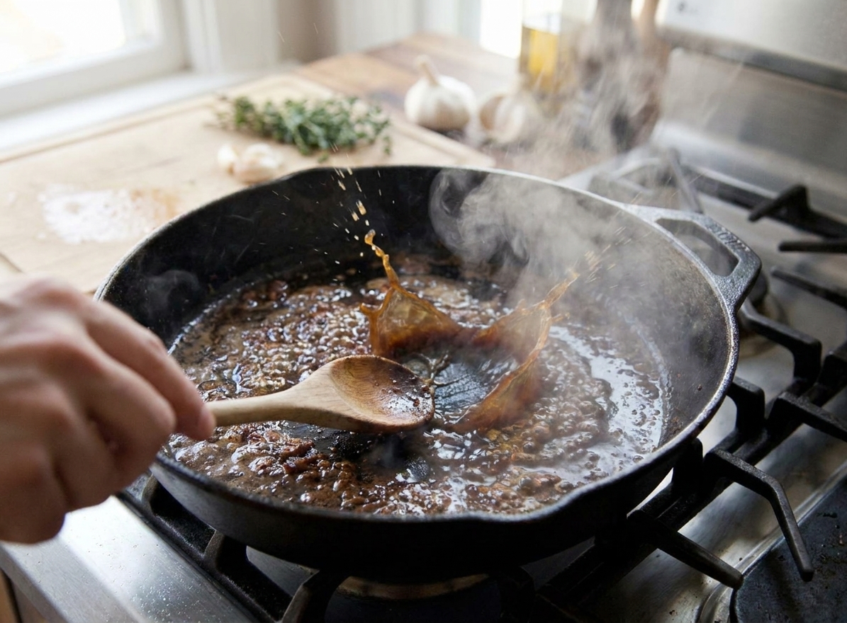 A splash of cognac hitting a hot skillet with steam rising as a wooden spoon scrapes browned bits from the bottom