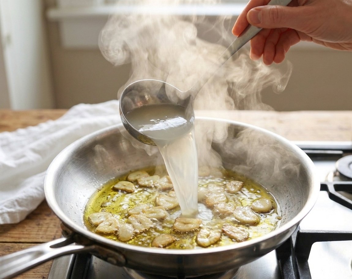 A splash of starchy pasta water being poured into a skillet with garlic and olive oil, creating steam