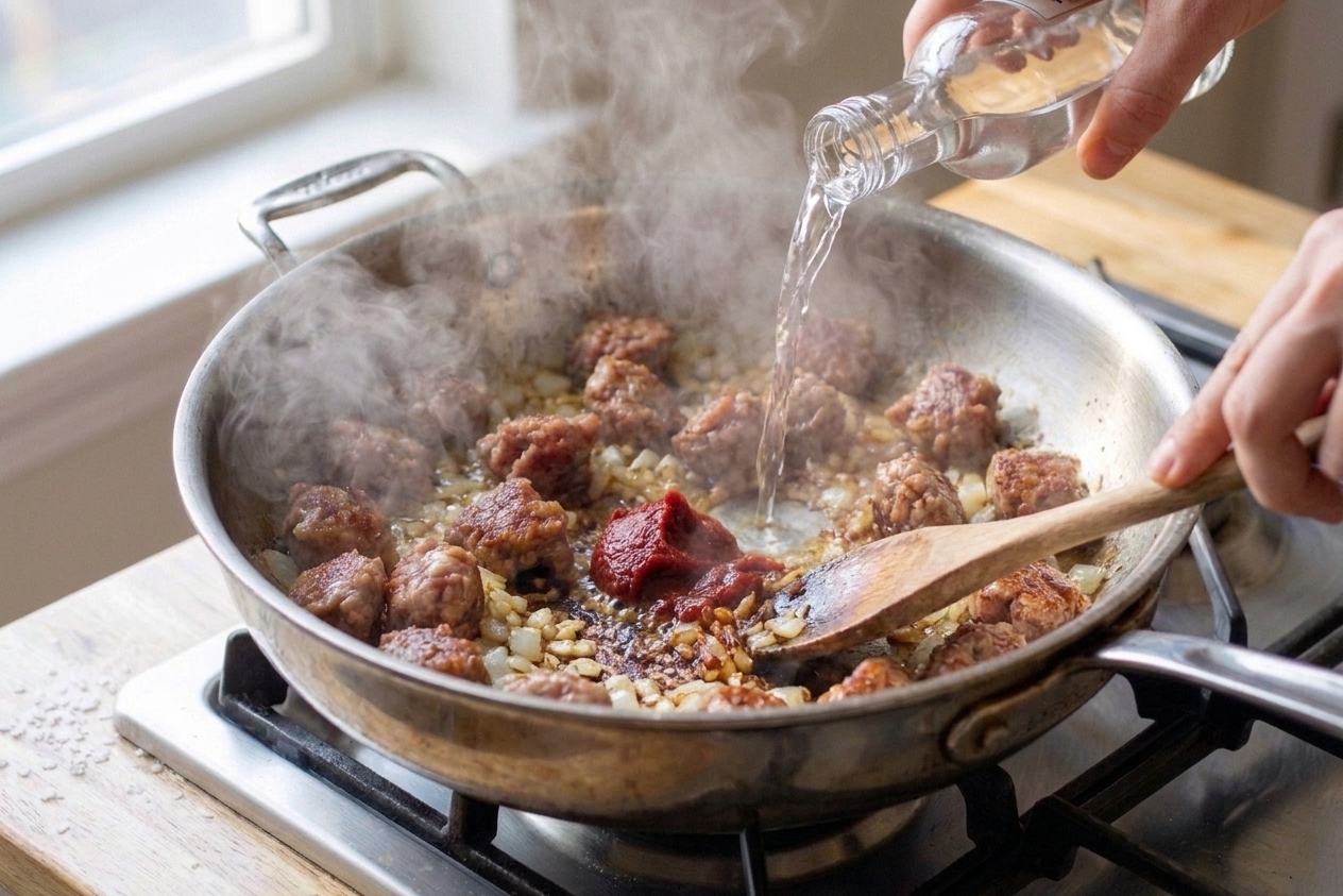 A splash of vodka hitting a hot skillet with tomato paste and sausage, steam rising as the cook scrapes the bottom