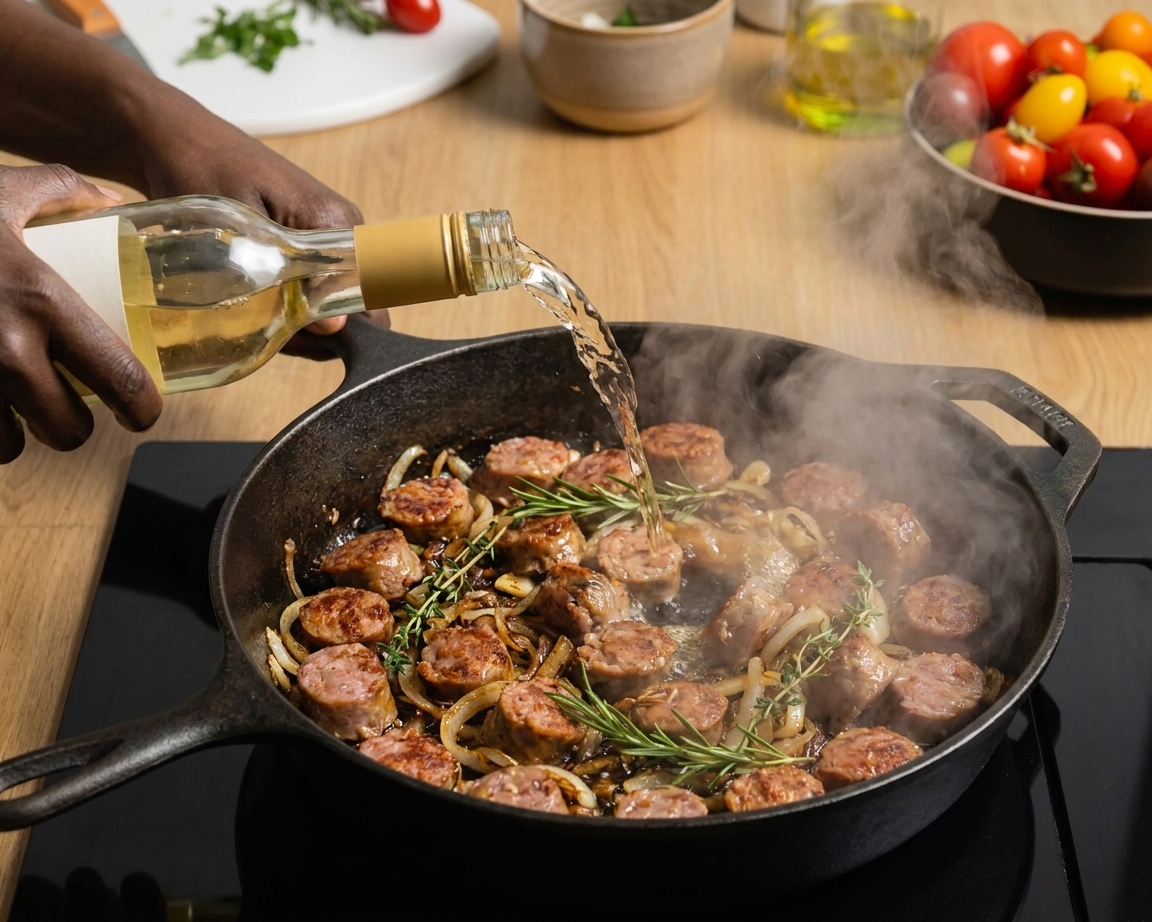 A splash of white wine being poured into a hot skillet with sausage and aromatics as steam rises