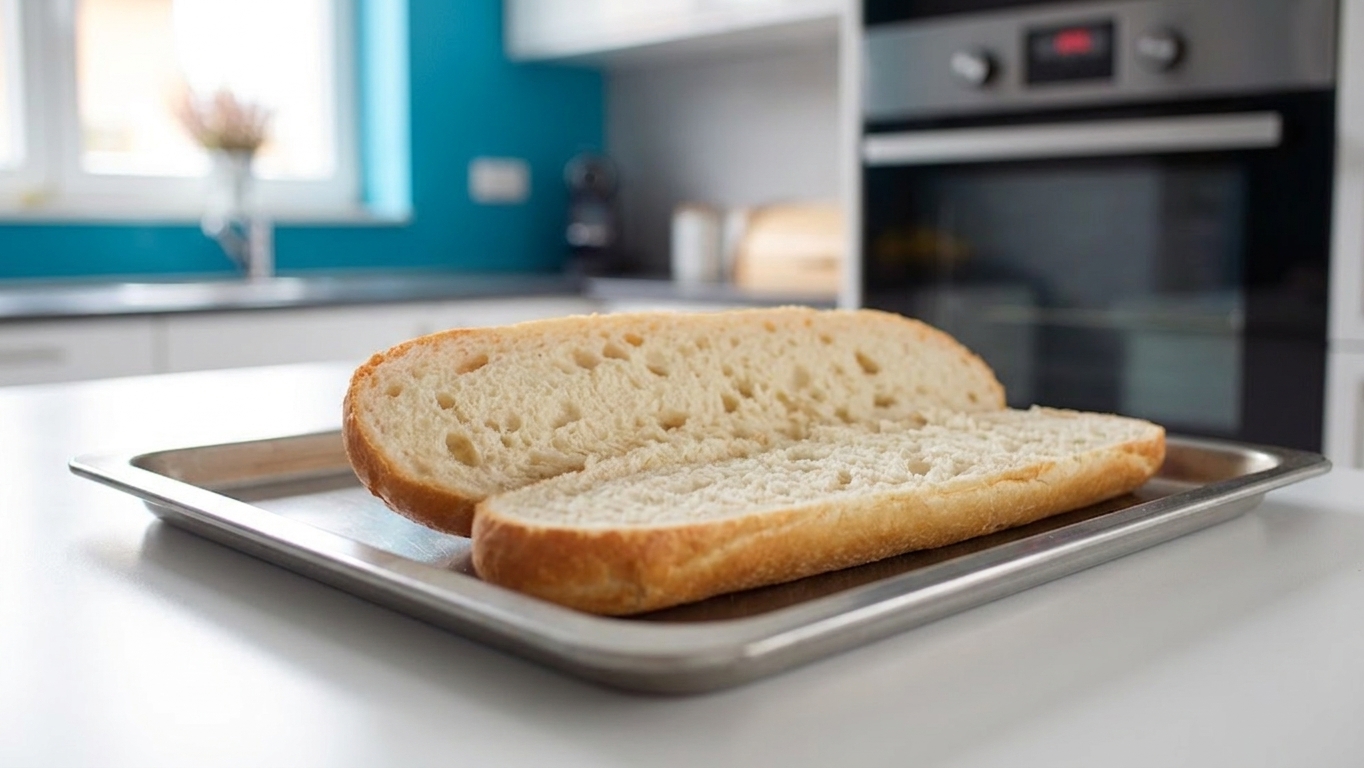 A split French bread loaf placed cut-side up on a rimmed baking sheet on a kitchen counter
