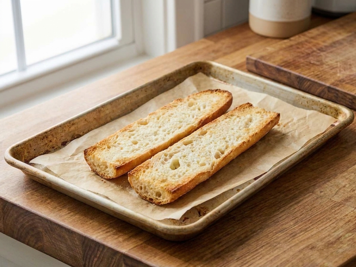 A split French bread loaf placed cut-side up on a parchment-lined baking sheet on a kitchen counter, ready for toasting