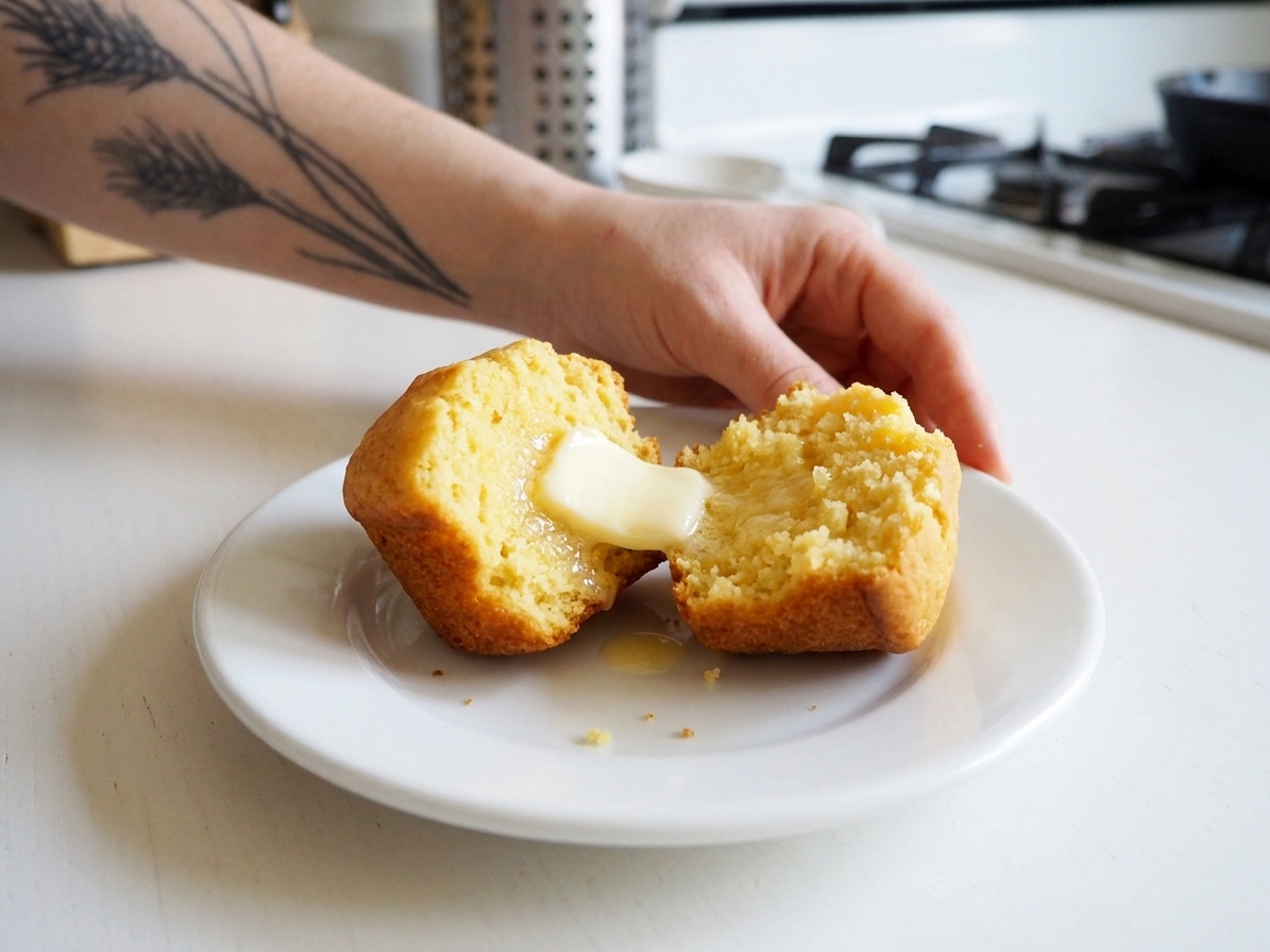 A split corn muffin on a small plate with butter melting into the warm crumb