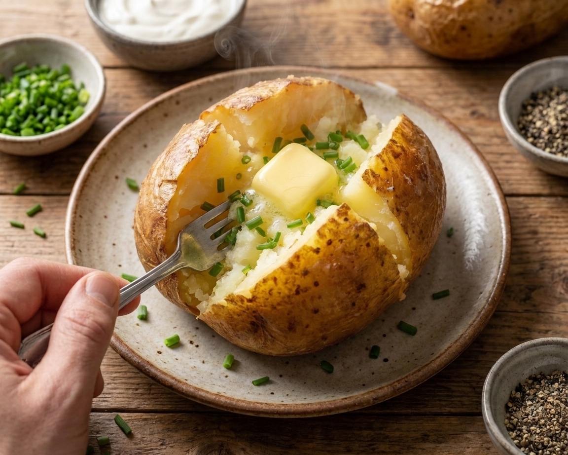 A split jacket potato being fluffed with a fork while butter melts into the steaming center, topped with chives
