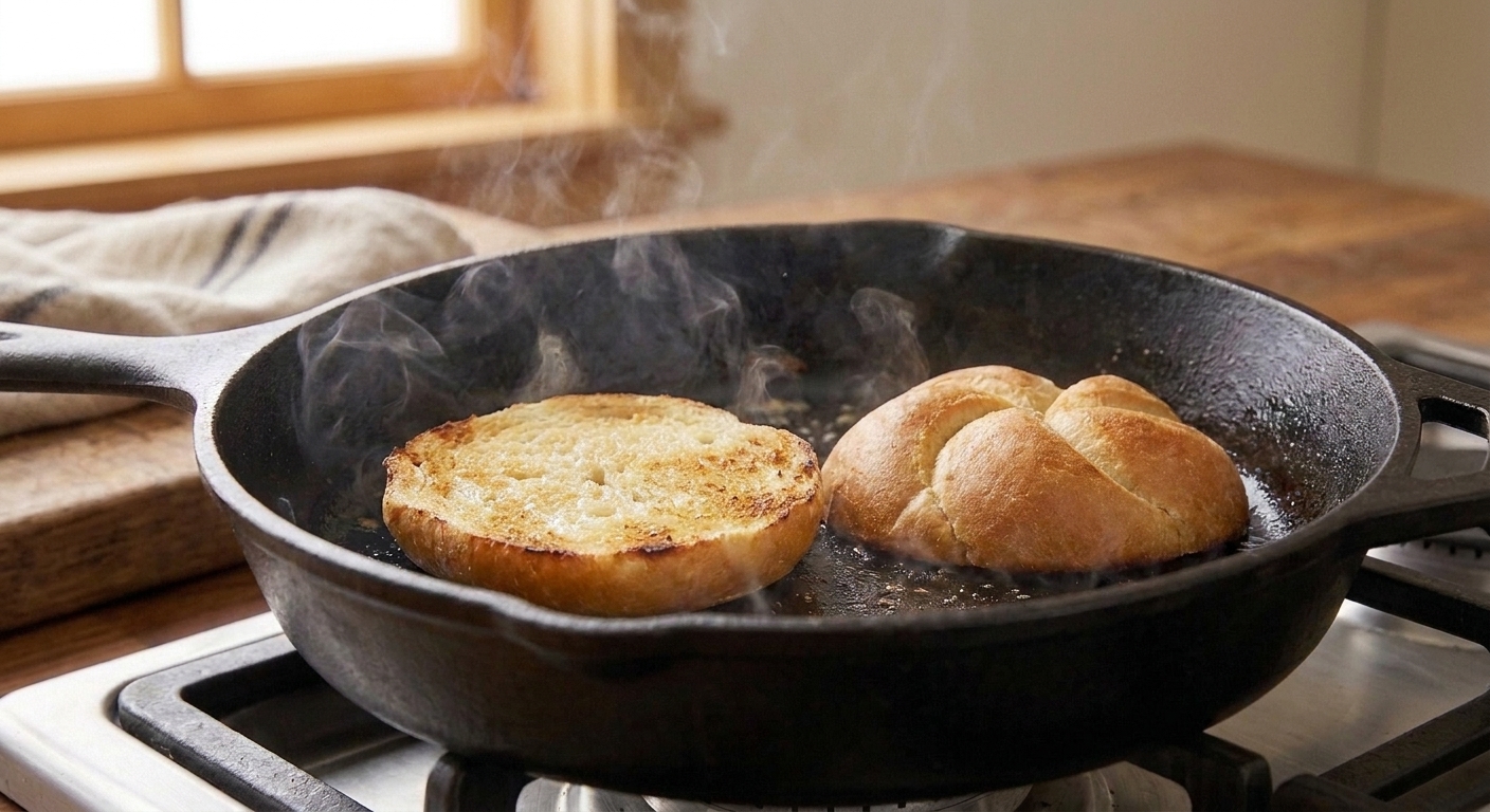 A split kaiser roll toasting cut side down in a skillet with light golden browning