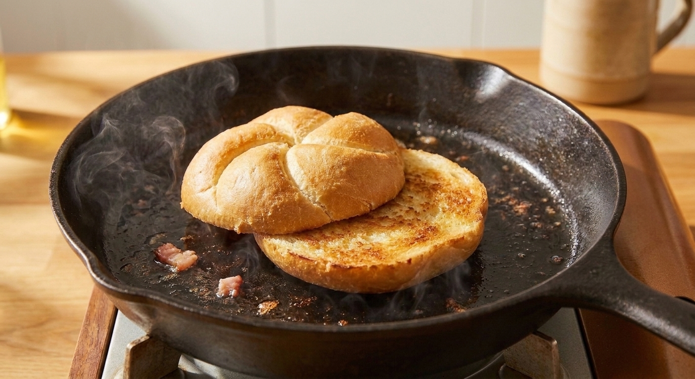 A split kaiser roll toasting cut-side down in a skillet with light browning on the bread
