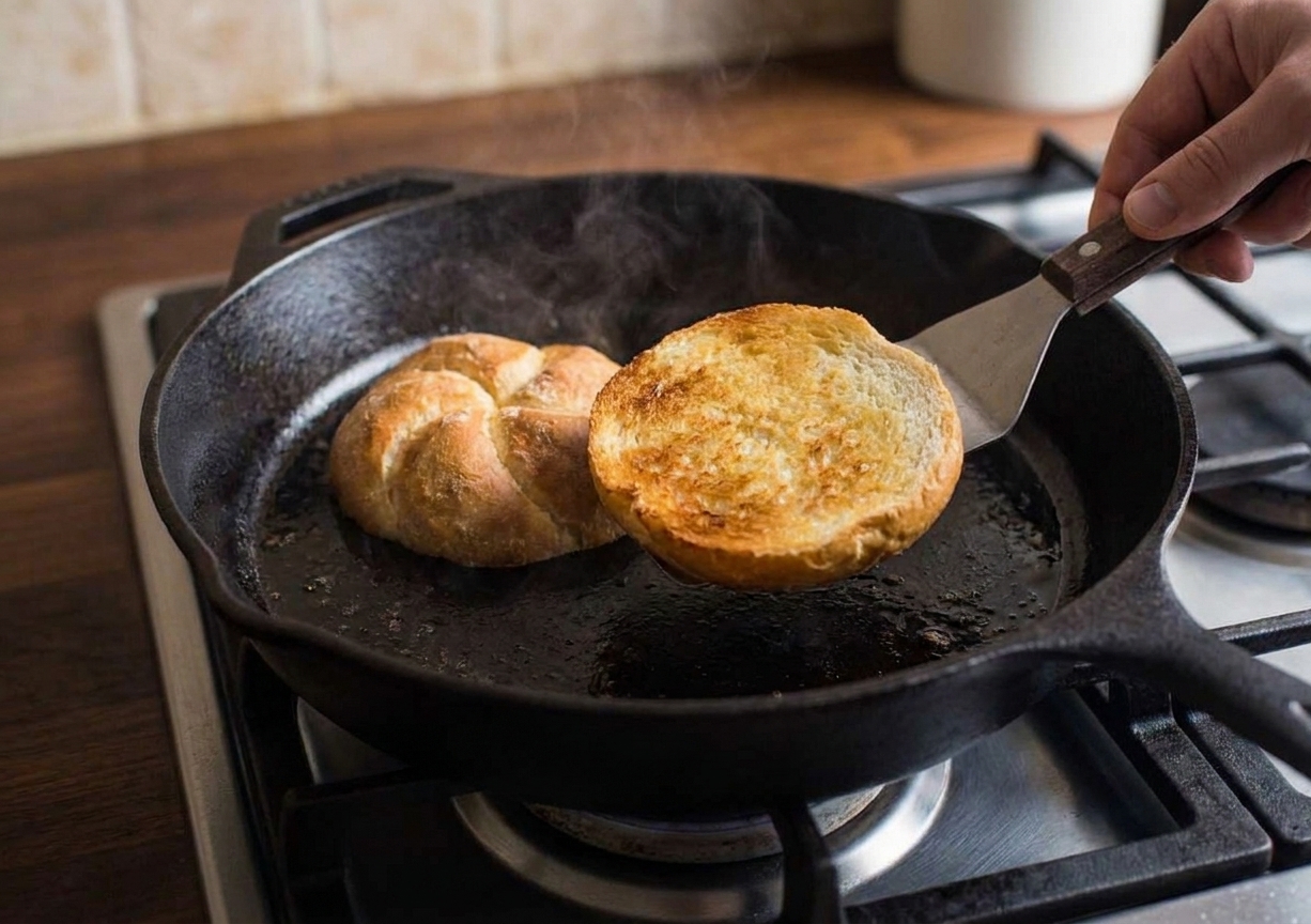 A split kaiser roll toasting cut-side down in a skillet with light browning on the bread, on a home stovetop