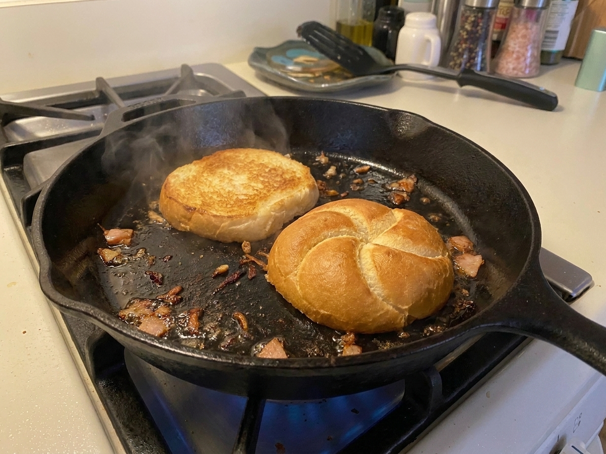 A split kaiser roll toasting cut-side down in a skillet with browned bits left behind from the cooked mortadella