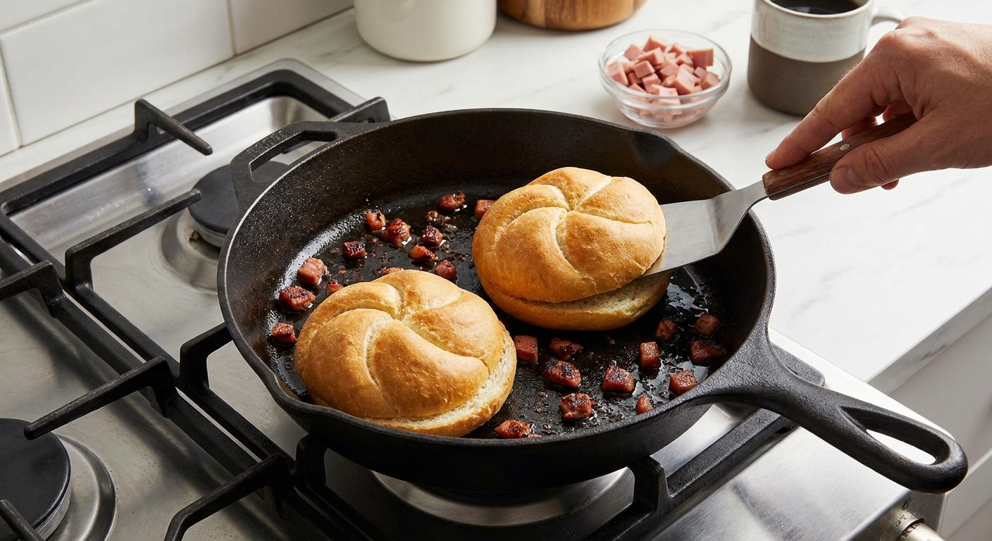 A split kaiser roll toasting cut side down in a skillet with browned bits from the cooked mortadella