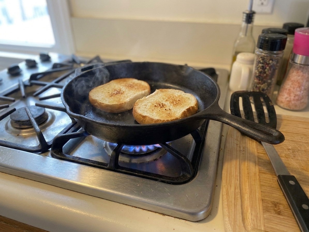 A split kaiser roll toasting cut-side down in a skillet with light golden browning on the bread
