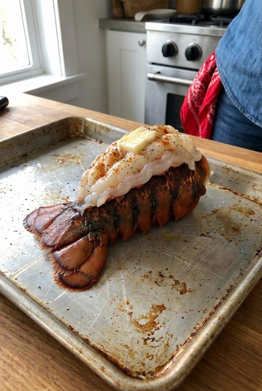 A split lobster tail with the meat lifted and resting on top of the shell on a baking sheet
