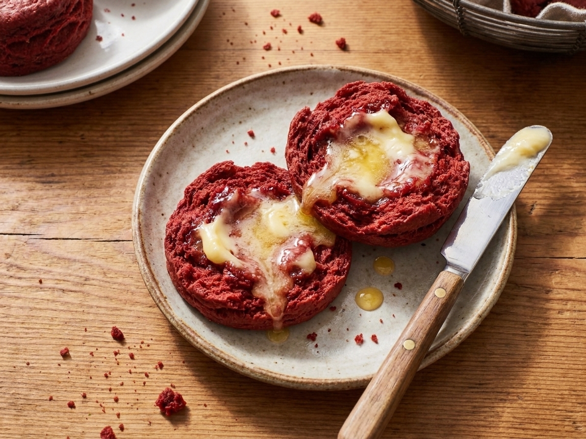 A split red velvet biscuit with honey butter melting inside on a small plate at a wooden table setting