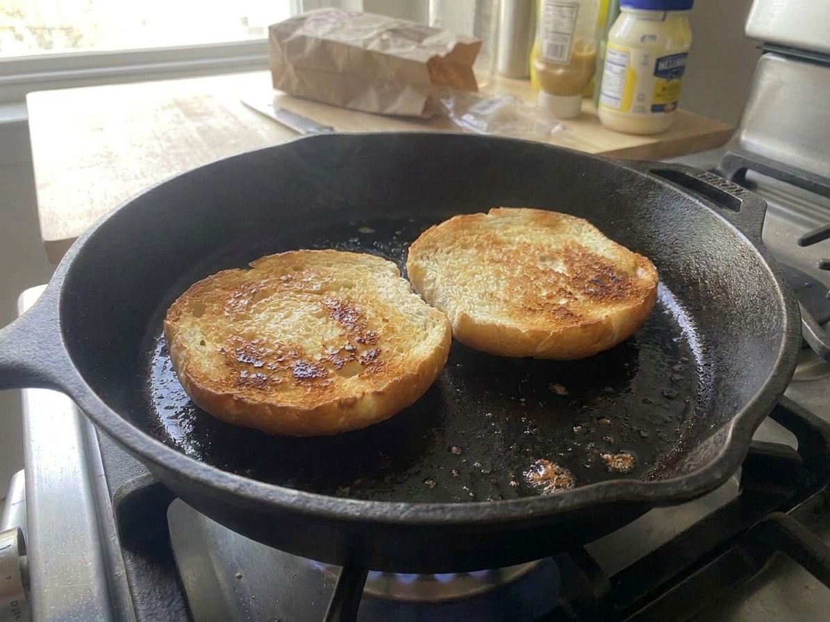 A split sandwich roll toasting cut-side down in a skillet with light golden browning