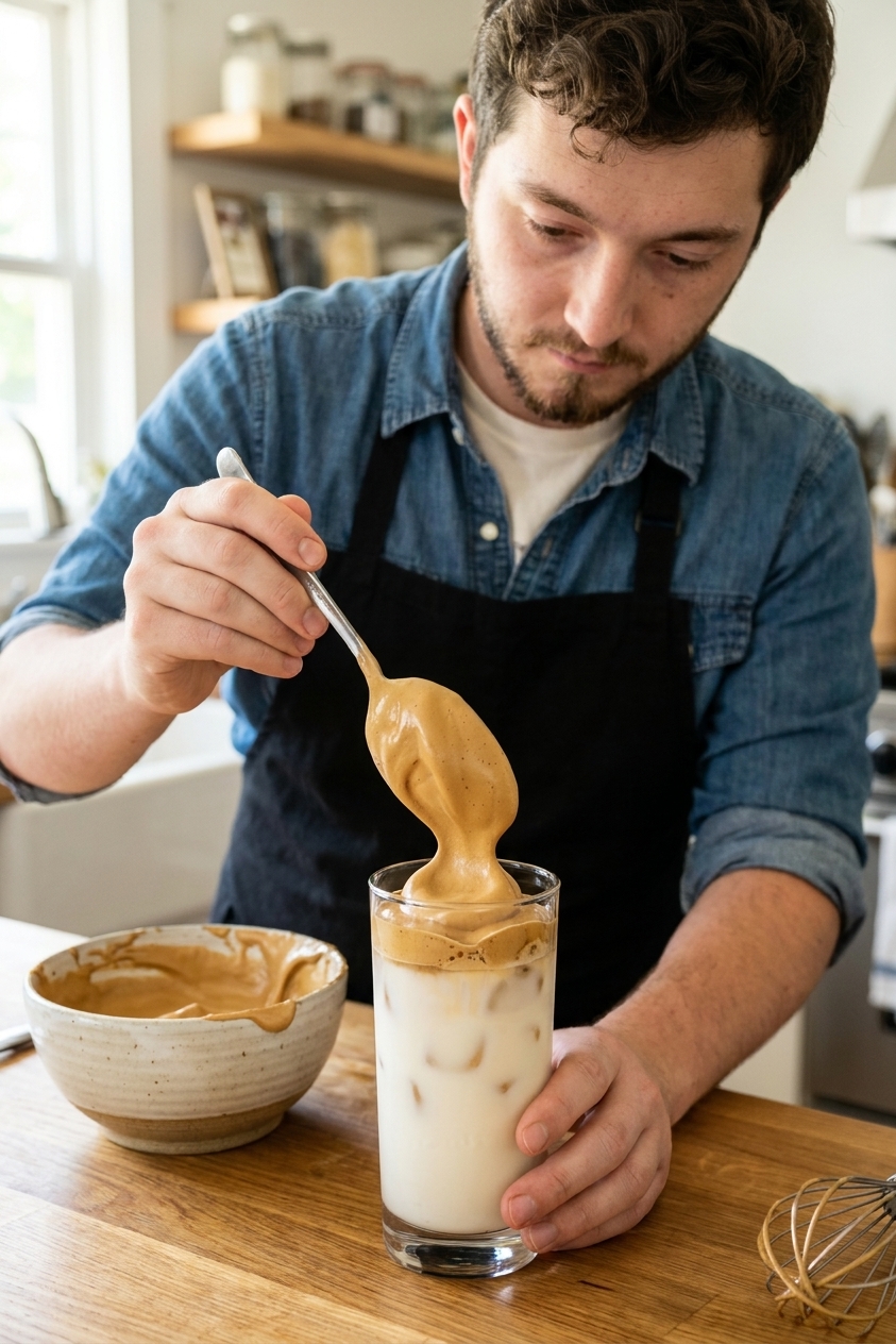 A spoon adding a thick scoop of whipped dalgona coffee onto a glass of iced milk on a kitchen counter, real photograph