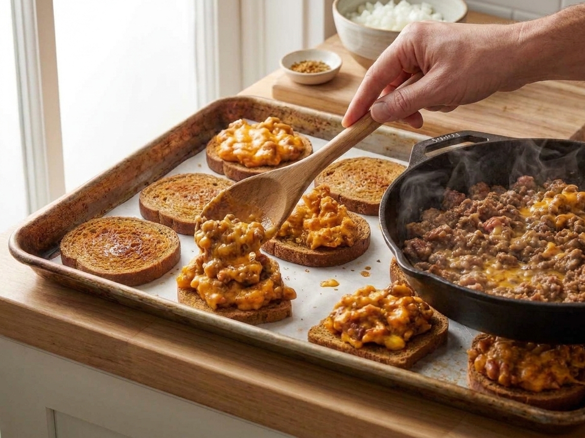 A spoon adding a warm sausage and cheese mixture onto rye rounds arranged on a baking sheet