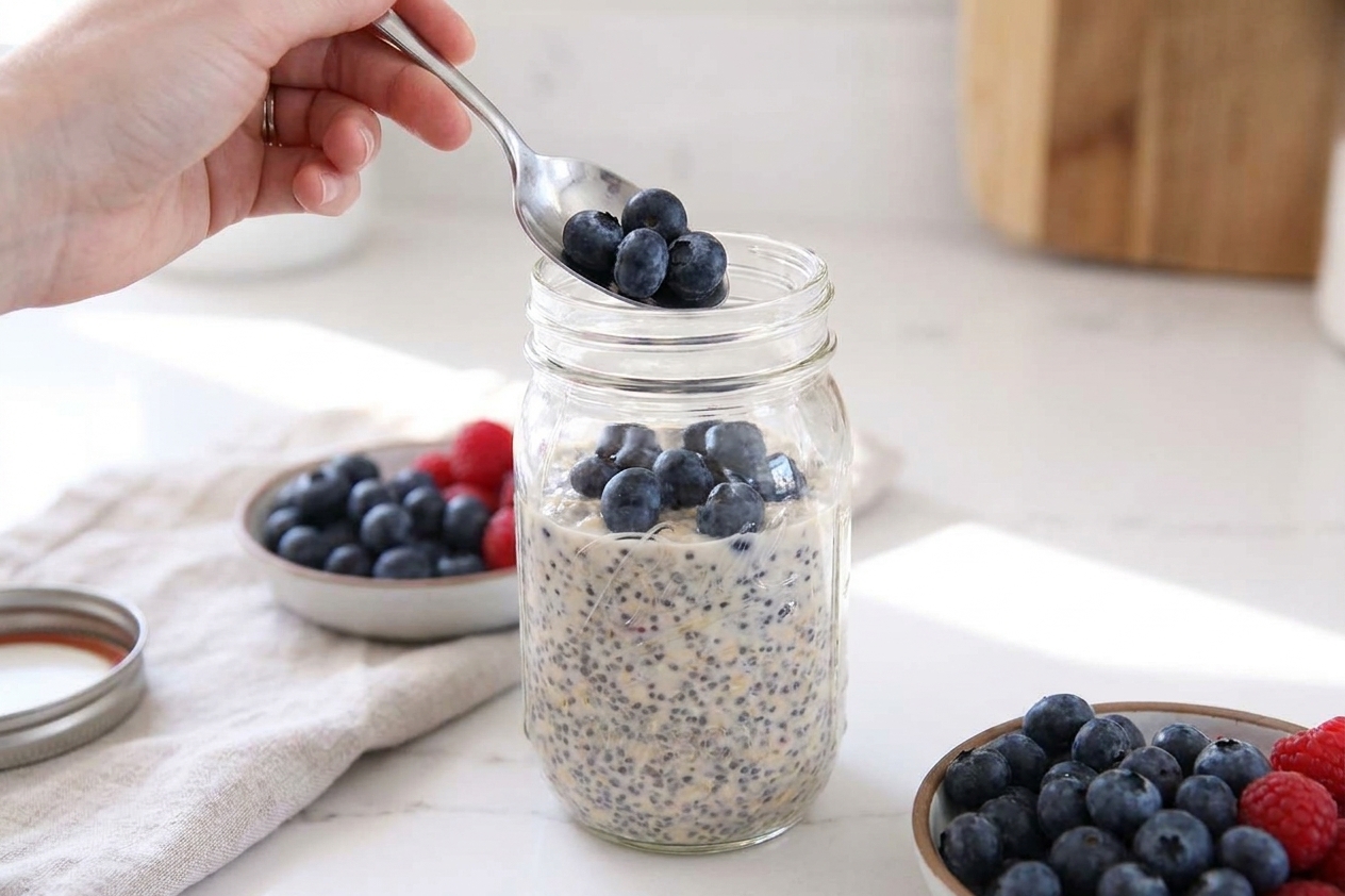 A spoon adding fresh blueberries on top of creamy chia overnight oats in a jar on a kitchen counter