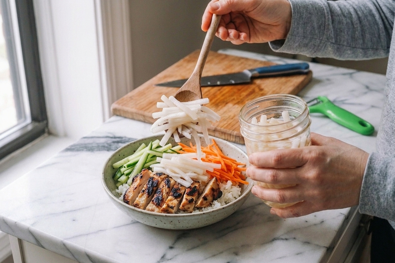 A spoon adding pickled daikon strips onto a rice bowl with cucumber, carrots, and grilled chicken
