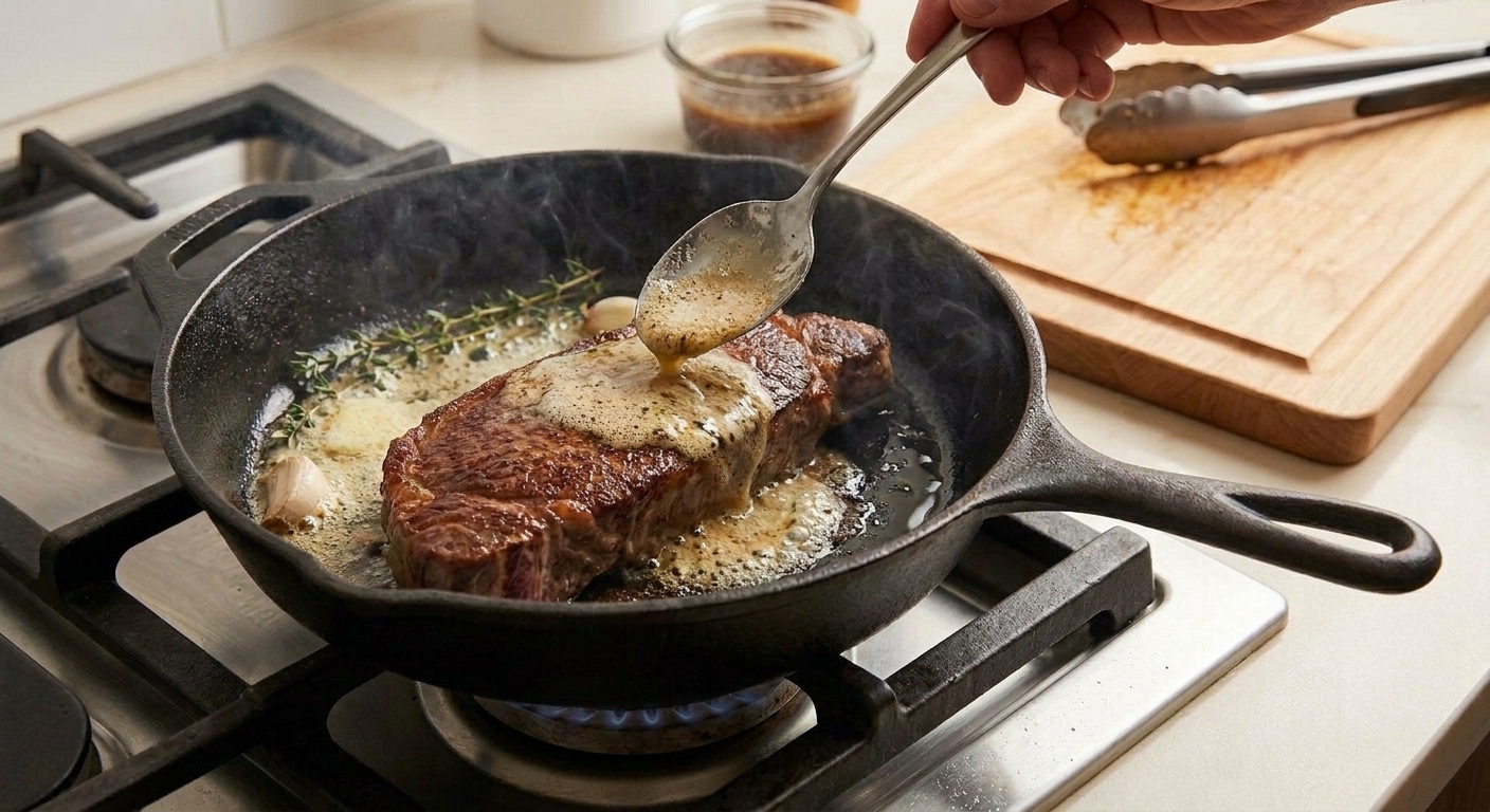 A spoon basting a New York strip steak with foaming butter, garlic, and thyme in a cast iron pan