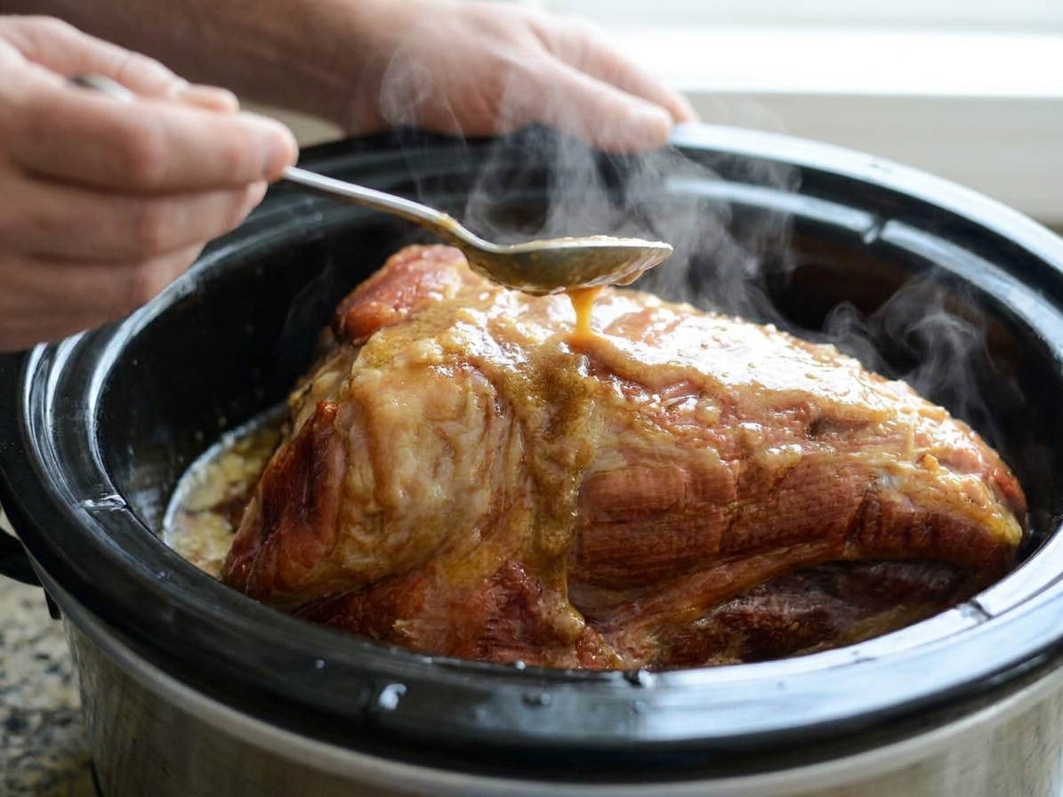 A spoon basting a spiral ham with hot glaze inside a slow cooker, steam rising
