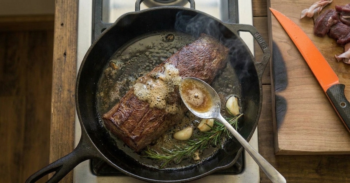 A spoon basting deer backstrap with foaming butter, rosemary sprigs, and garlic in a skillet on the stove