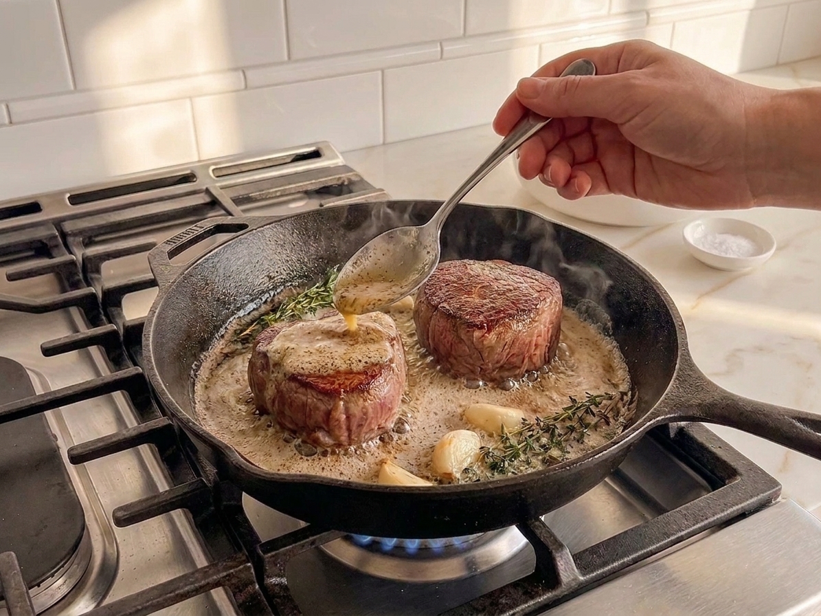 A spoon basting filet mignon with foaming garlic herb butter in a cast iron skillet
