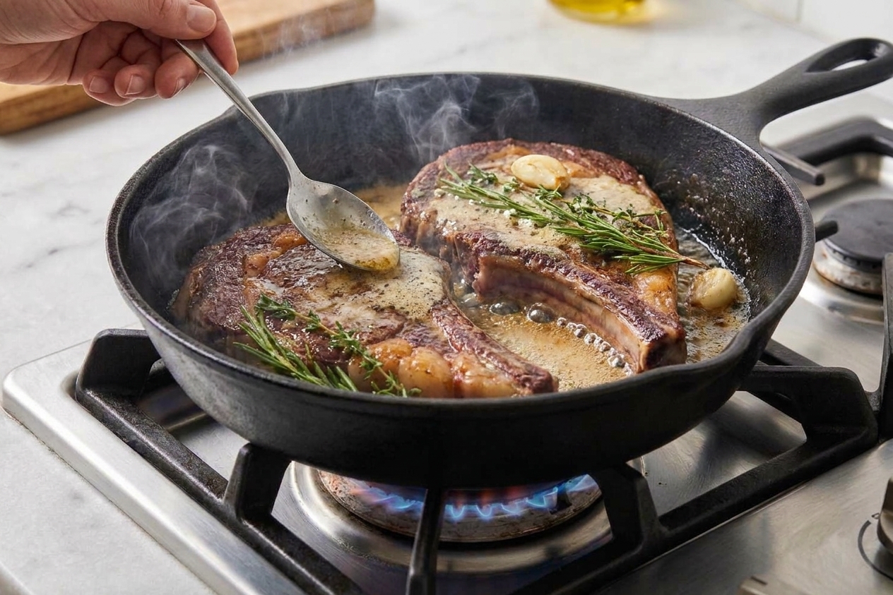A spoon basting foaming garlic herb butter over ribeye steaks in a cast-iron skillet with rosemary and thyme