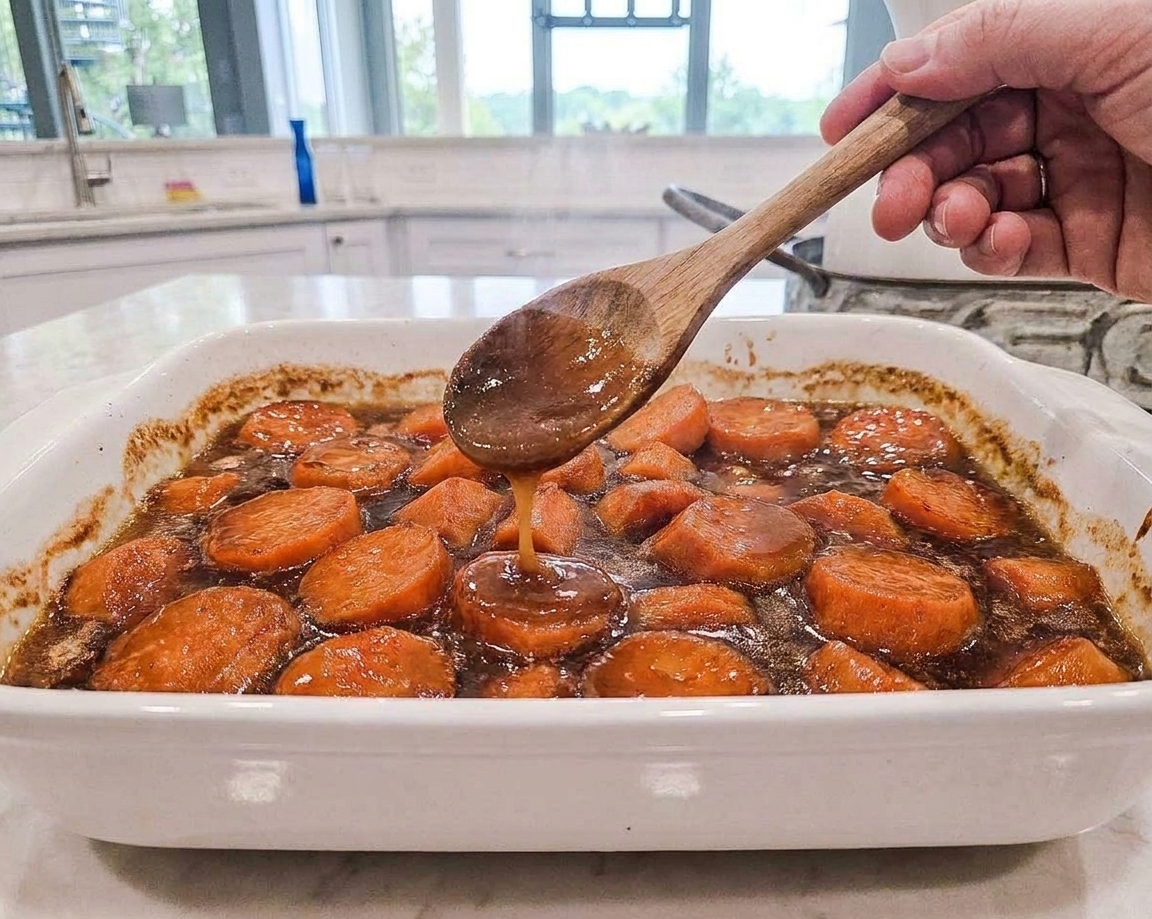 A spoon basting glossy brown sugar butter glaze over yams in a baking dish before serving