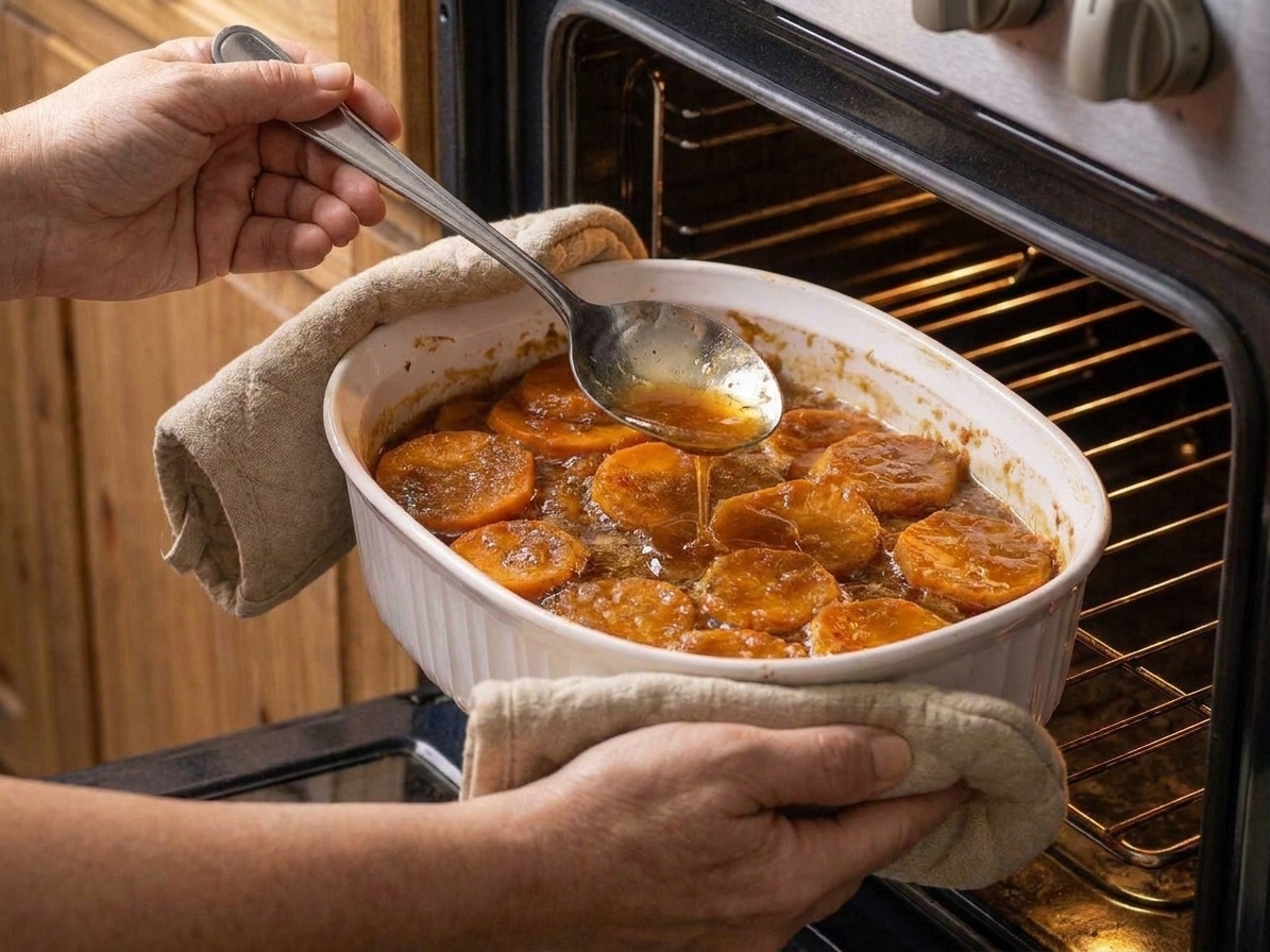 A spoon basting glossy brown sugar butter syrup over tender sweet potato slices in a baking dish as they finish baking