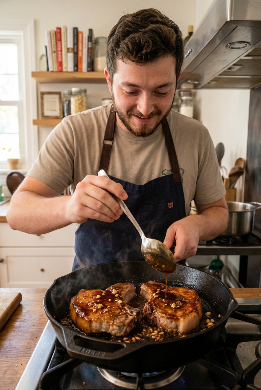 A spoon basting pork chops with a glossy brown sugar garlic glaze in a skillet