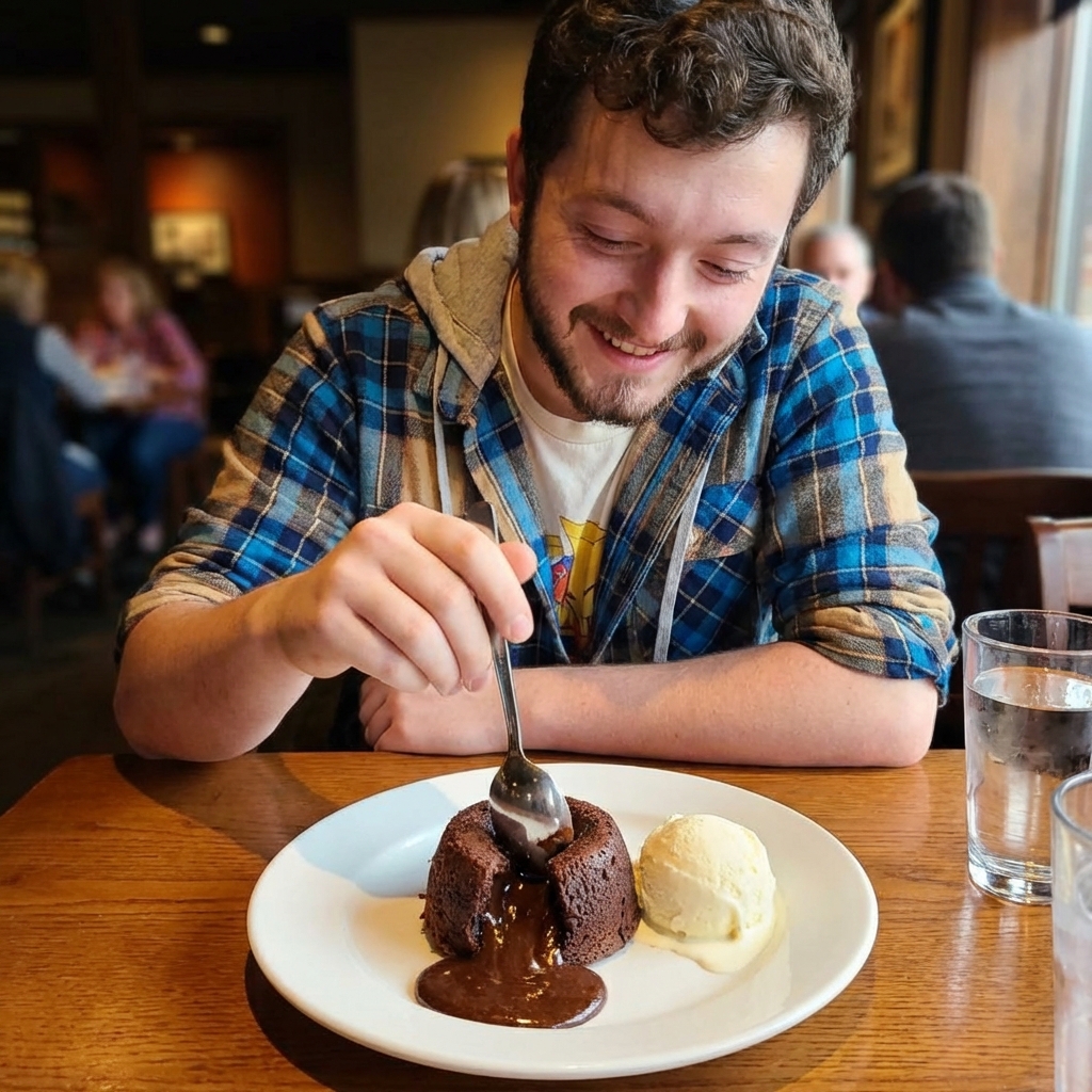 A spoon breaking into a chocolate lava cake with warm chocolate flowing from the center on a plate