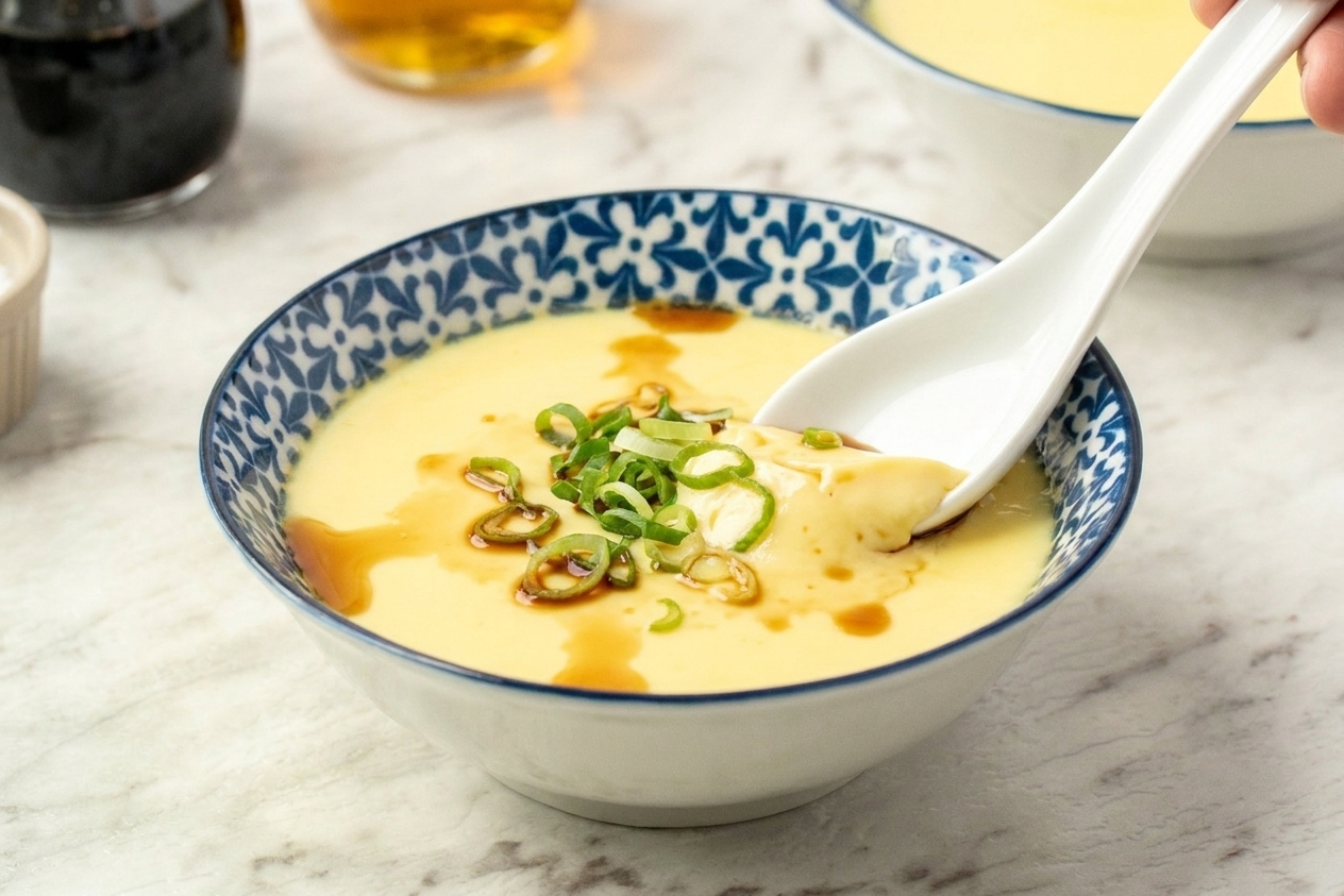 A spoon breaking into silky steamed egg custard in a bowl, topped with scallions and a light drizzle of soy sauce on a kitchen table