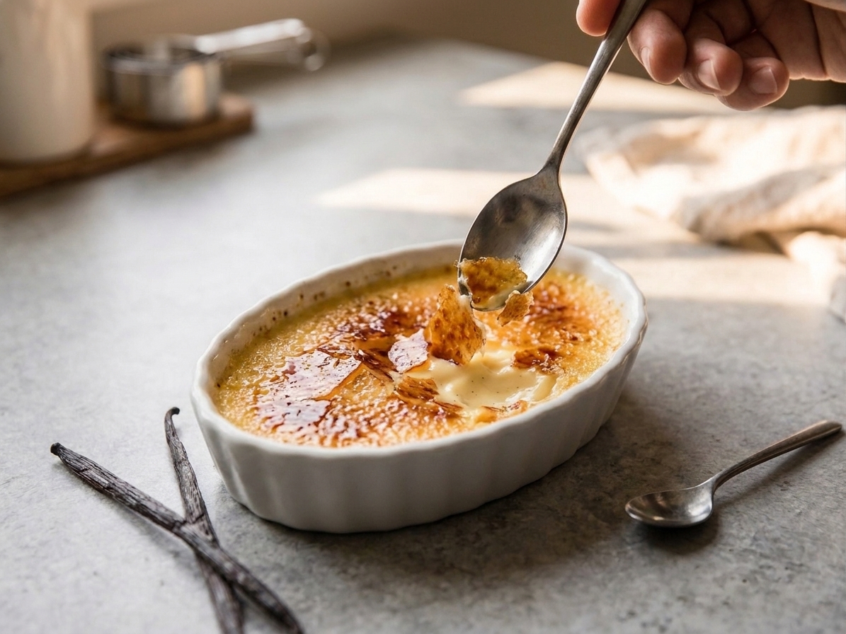 A spoon cracking through the caramelized sugar top of a creme brulee, showing the creamy custard underneath on a simple table setting