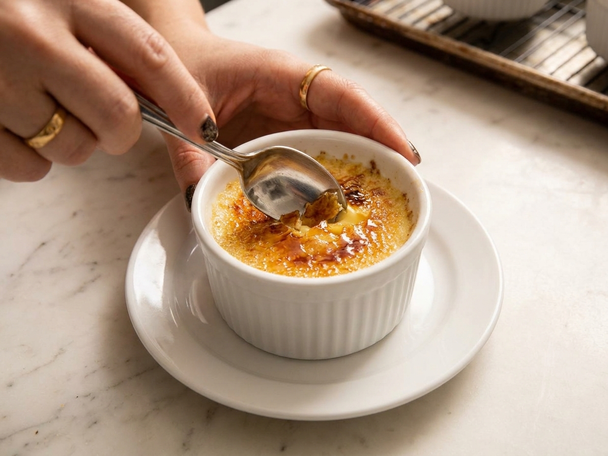 A spoon cracking through the caramelized sugar top of creme brulee in a white ramekin on a small dessert plate