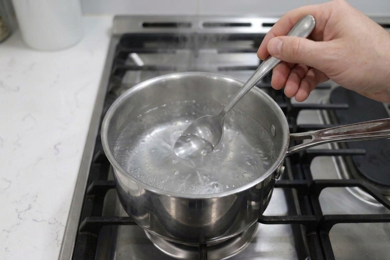 A spoon creating a gentle vortex in barely simmering water inside a stainless steel saucepan on a stovetop