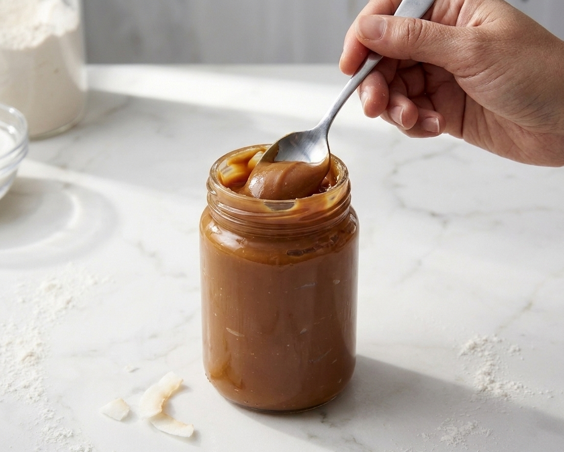 A spoon dipped into a jar of thick dulce de leche on a kitchen counter