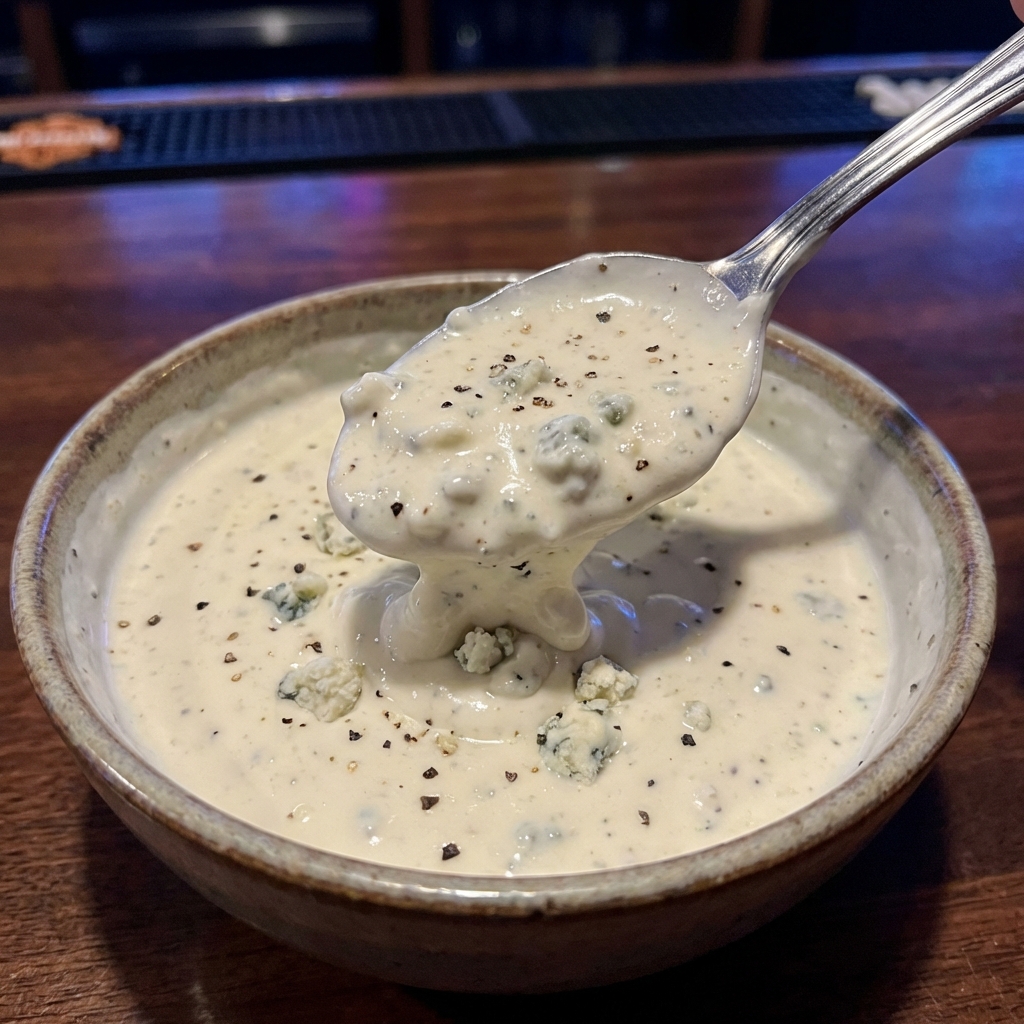 A spoon dipping into a bowl of creamy blue cheese dressing, showing a thick texture with small blue cheese pieces