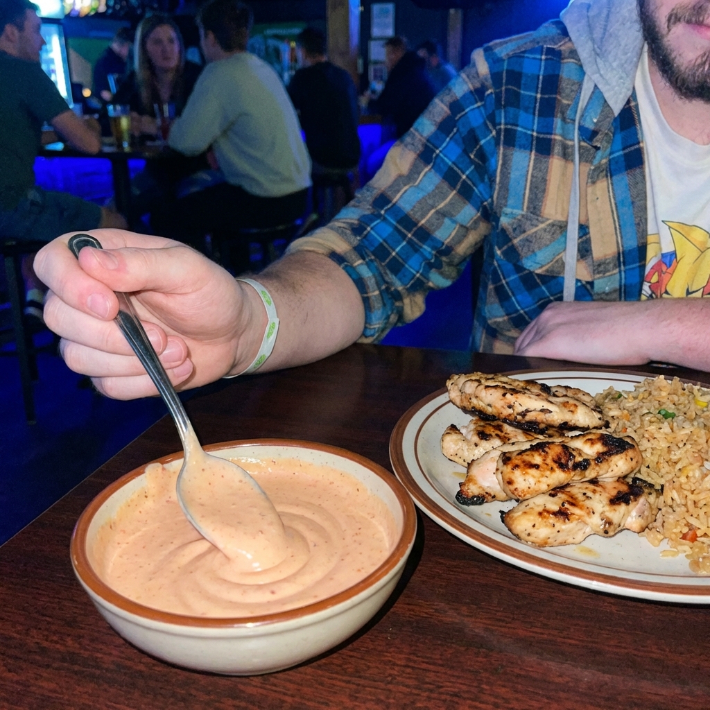 A spoon dipping into a bowl of creamy yum yum sauce with grilled chicken on a plate nearby