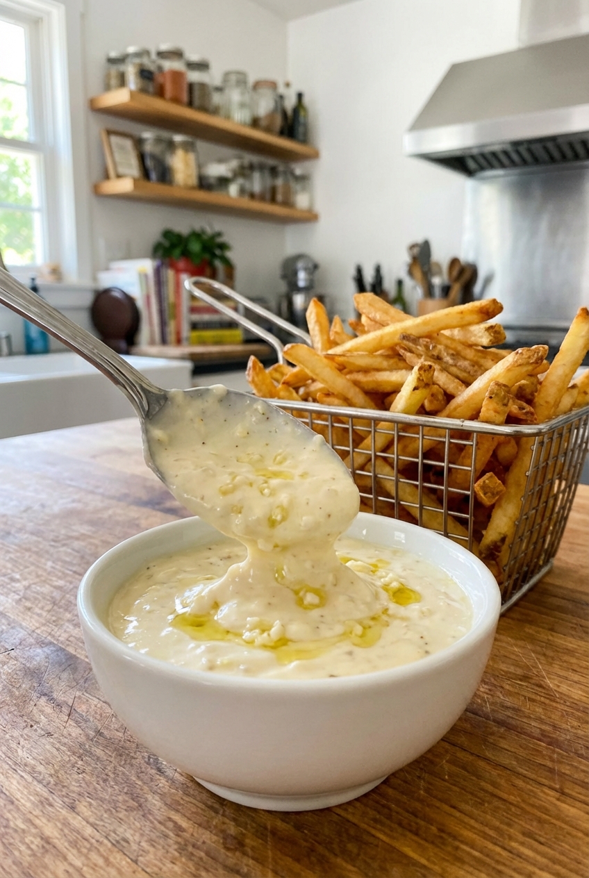 A spoon dipping into a bowl of thick garlic aioli with fries in the background on a kitchen counter