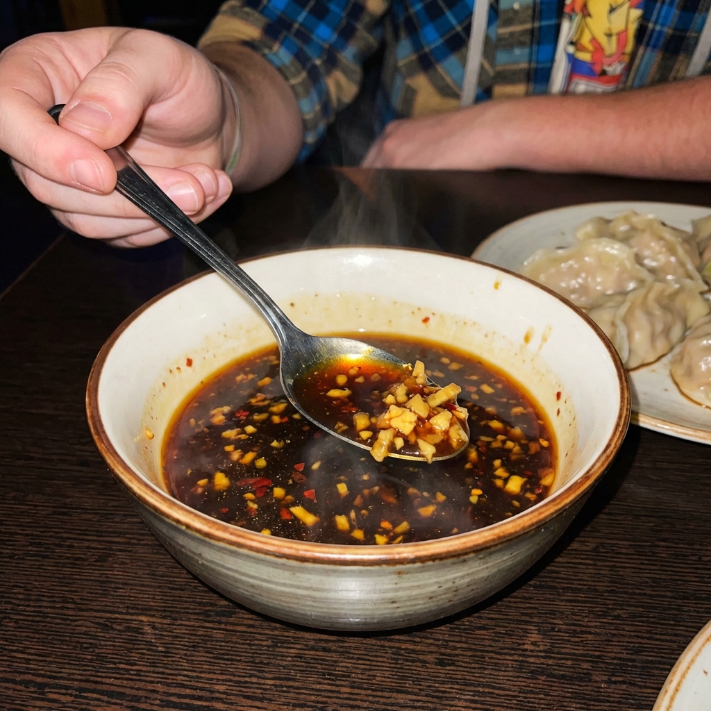 A spoon dipping into a bowl of warm dumpling sauce with visible ginger and chili flakes