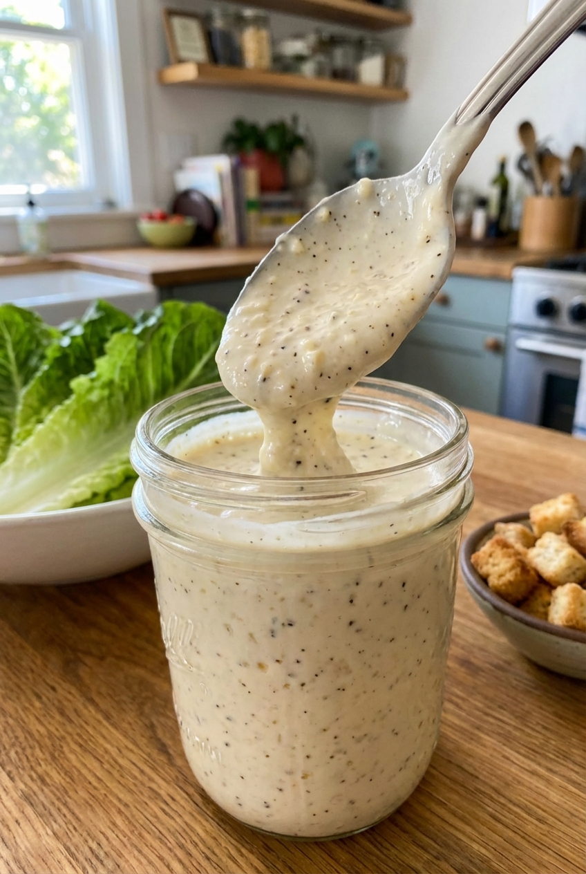 A spoon dipping into a jar of Caesar dressing showing a thick, creamy texture
